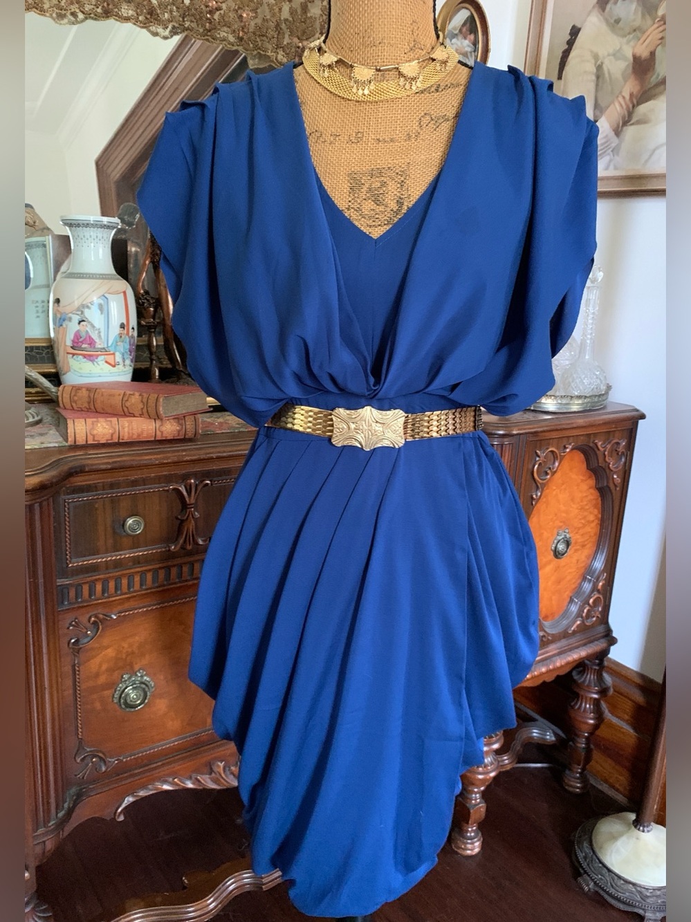 Vintage Royal Blue Grecian-inspo Roman-inspo Draped Midi Cocktail Party Dress